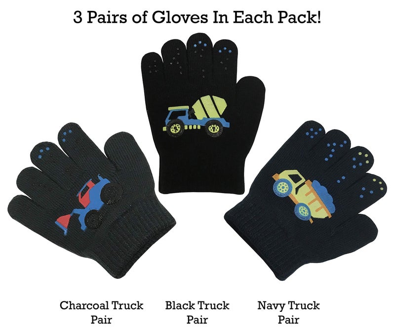 N'Ice Caps Kids Magic Stretch Gloves Mitten 3 Pairs Toddler Boys Girls Winter (3-5 Years, Trucks - Navy/Charcoal/Black) - Image 2